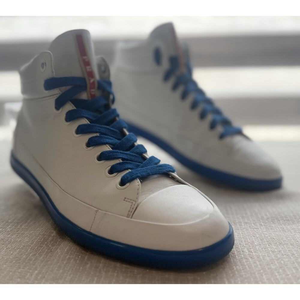 Prada Signature White High Top Sneakers With Blue Sole Men sz 9, 4T2488